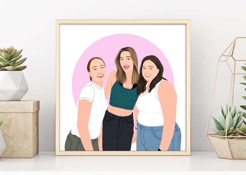 May include: A digital illustration of three friends smiling and standing together in front of a pink circle. The friends are wearing casual clothing, including a white t-shirt, a green tank top, and a white tank top.