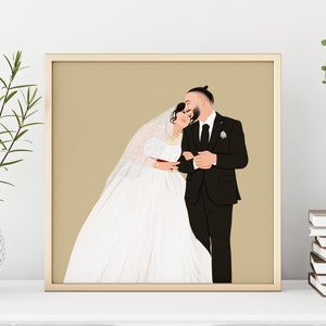 May include: A digital illustration of a wedding couple. The bride is wearing a white wedding dress and a veil. The groom is wearing a black suit and a white shirt. The couple are standing close together and smiling.