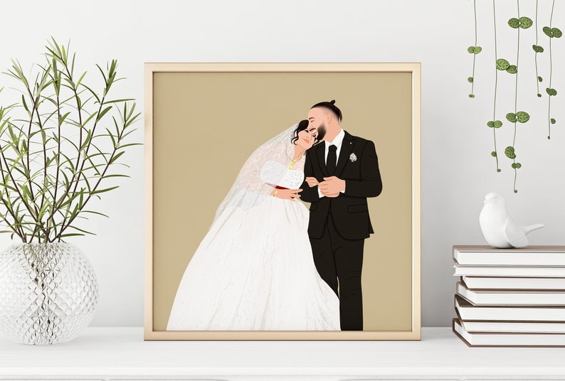 May include: A digital illustration of a wedding couple. The bride is wearing a white wedding dress and a veil. The groom is wearing a black suit and a white shirt. The couple are standing close together and smiling.