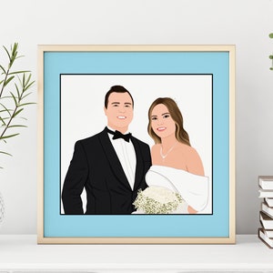 May include: A framed illustration of a couple in wedding attire. The man is wearing a black tuxedo with a bow tie and the woman is wearing a white dress with a bouquet of flowers.