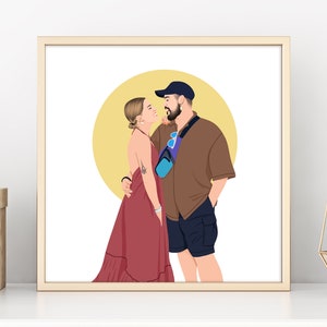 May include: A digital illustration of a couple standing close together. The woman is wearing a red dress and the man is wearing a brown shirt and blue shorts. They are standing in front of a yellow circle.