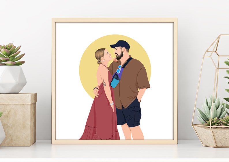 May include: A digital illustration of a couple standing close together. The woman is wearing a red dress and the man is wearing a brown shirt and blue shorts. They are standing in front of a yellow circle.