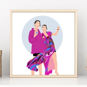May include: Two people are standing together, smiling and looking at the camera. The person on the left is wearing a pink shirt and the person on the right is wearing a pink and blue dress with a swirling pattern. They are standing in front of a light blue circle.
