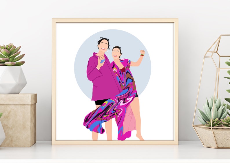 May include: Two people are standing together, smiling and looking at the camera. The person on the left is wearing a pink shirt and the person on the right is wearing a pink and blue dress with a swirling pattern. They are standing in front of a light blue circle.
