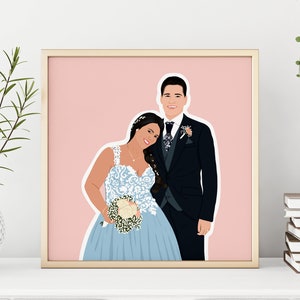 May include: A digital illustration of a couple in wedding attire. The woman is wearing a light blue dress with white lace and a bouquet of white flowers. The man is wearing a black suit with a white shirt and a black tie. The background is a light pink colour.
