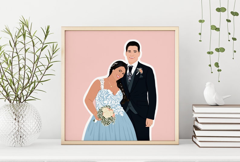 May include: A digital illustration of a couple in wedding attire. The woman is wearing a light blue dress with white lace and a bouquet of white flowers. The man is wearing a black suit with a white shirt and a black tie. The background is a light pink colour.