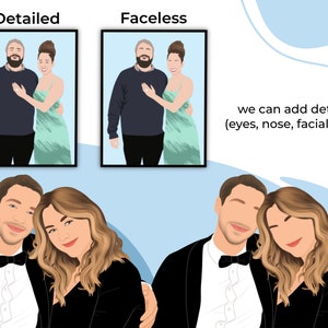 May include: Two people are shown in two different styles. The first image shows a detailed portrait of a couple, while the second image shows a faceless portrait of the same couple. The text "we can add details (eyes, nose, facial lines)" is shown below the images.