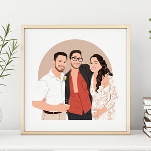 May include: A digital illustration of three people, two men and one woman, standing together. The man on the left is wearing a white shirt and khaki trousers. The man in the middle is wearing a red shirt, a black jacket, and dark trousers. The woman on the right is wearing a white dress with lace detailing. The background is a light brown circle.