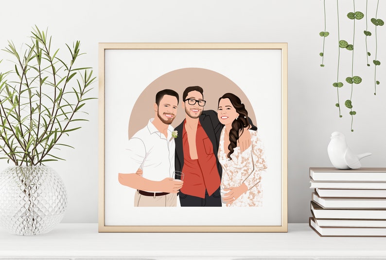 May include: A digital illustration of three people, two men and one woman, standing together. The man on the left is wearing a white shirt and khaki trousers. The man in the middle is wearing a red shirt, a black jacket, and dark trousers. The woman on the right is wearing a white dress with lace detailing. The background is a light brown circle.