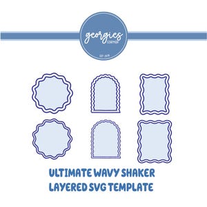 Op de afbeelding: Een digitale afbeelding met de tekst "georgies CORNER EST 2019" in een blauwe cirkel en "ULTIMATE WAVY SHAKER LAYERED SVG TEMPLATE" eronder. Zes lichtblauwe vormen met donkerblauwe golvende contouren zijn in twee rijen gerangschikt, waaronder cirkels, bogen en rechthoeken.