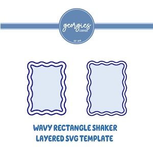 May include: A digital graphic featuring two light blue rectangular frames with wavy borders, outlined in dark blue. Above the frames is a circular logo with the text "georgies CORNER EST 2019". Below, the text reads "WAVY RECTANGLE SHAKER LAYERED SVG TEMPLATE".