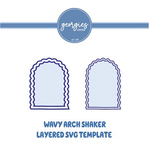 May include: Two light blue wavy arch shapes with dark blue outlines, presented as a digital template. Above the shapes is a circular logo with the text "georgies CORNER EST 2019". Below the shapes is the text "WAVY ARCH SHAKER LAYERED SVG TEMPLATE".