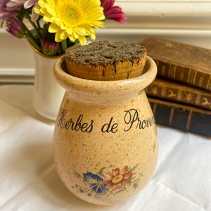 French vintage ceramic pottery jar, handmade, cork top, Herbes de Provence, 1970s
