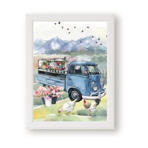 Spring Flower Truck Watercolor Print. Printable Artwork for your home. Perfect for Easter and Spring. Get yours today!