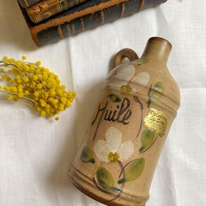 Hand-painted Vallauris French vintage ceramic pottery oil jar, handmade, Huile, 1970s