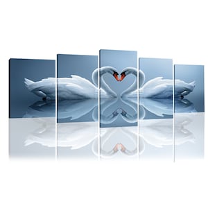 Canvas Prints Wall Art – White Swan Painting, 5 Piece Artwork for Home Decor, Modern Picture Ready to Hang