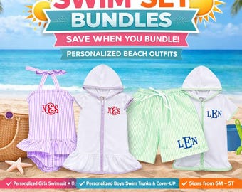 Personalized Kids Swim Set | Swimsuit & Cover Up Bundle | Toddler Bathing Suit with Name | Monogram Beach Outfit | Girls Seersucker Swimwear