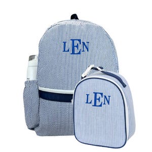 Personalized Seersucker Backpack and Lunchbox Set | Monogrammed Kids Backpack with Side Pockets | Embroidered Lunch Tote | 4 Color Options