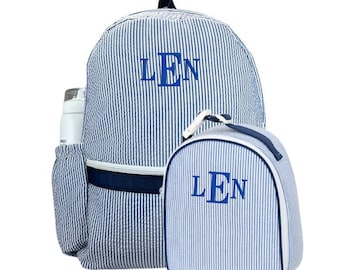 Personalized Seersucker Backpack and Lunchbox Set | Monogrammed Kids Backpack with Side Pockets | Embroidered Lunch Tote | 4 Color Options