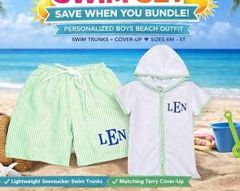 Personalized Kids Swim Set | Swimsuit & Cover Up Bundle | Toddler Bathing Suit with Name | Monogram Beach Outfit | Girls Seersucker Swimwear