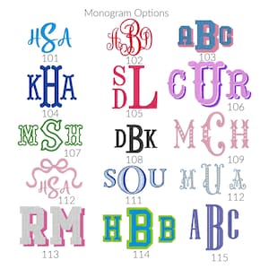 Puede incluir: Una colecci&oacute;n de opciones de monogramas numeradas del 101 al 115, con varios estilos de letras bordadas en colores que incluyen azul, rojo, rosa, verde, negro, morado y gris. Cada monograma muestra una tipograf&iacute;a y elementos &uacute;nicos.