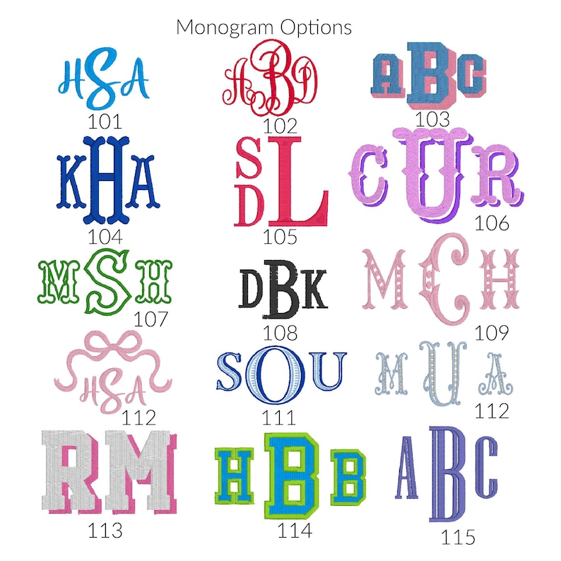 Puede incluir: Una colecci&oacute;n de opciones de monogramas numeradas del 101 al 115, con varios estilos de letras bordadas en colores que incluyen azul, rojo, rosa, verde, negro, morado y gris. Cada monograma muestra una tipograf&iacute;a y elementos &uacute;nicos.