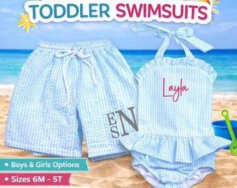 Personalized Toddler Swimsuit | Seersucker Baby Swimsuit | Monogram Swim Trunks & Girls Ruffle Swimsuit | Custom Name Swimwear 6M–5T
