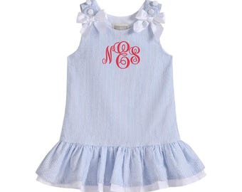 Blue Seersucker Baby Dress with Bows – Charming Cotton Baby Girl Outfit | Summer Toddler Dress | Classic Baby Clothes | 3–6M, 6–12M, 12–18M