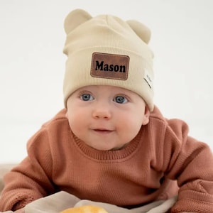 Personalized Baby Beanie with Ears – Custom Engraved Leather Patch - Custom Baby Kids Child Baby Newborn Beanie