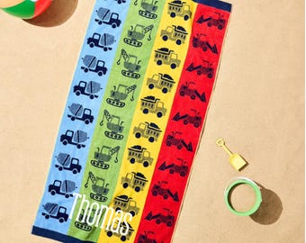 Personalized Kids Beach Towel | Custom Name Towel | Unicorn Shark Dinosaur Construction Butterfly | Embroidered Cotton Towel