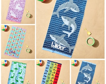 Personalized Kids Beach Towel | Custom Name Towel | Unicorn Shark Dinosaur Construction Butterfly | Embroidered Cotton Towel