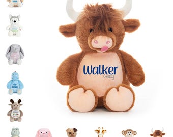 Personalized Stuffed Animal with Embroidery | Birth Stats or Custom Design | 12 Animals to Choose From | Baby Gift, Keepsake Plush