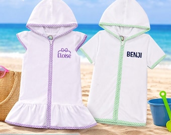 Personalized Kids Swim Cover Up  Hooded Terry Cloth Coverup  Boys & Girls Beach Cover Up Embroidered Name Pool Coverup Toddler Bath Cover Up