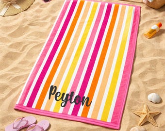 Personalized Adult Beach Towel | Custom Name Towel | Lobster Turtle Palm Tree Striped Sun | Embroidered Cotton Towel 40 x 72 inches