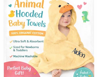 Animal Hooded Baby Towel, Organic Cotton Hooded Towel, Baby Bath Towel with Hood, Personalized Baby Gift Baby Shower Gift Toddler Bath Towel