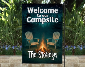 Personalized Camping Flag, Custom Campsite Sign, Camper Gift, RV Campsite Gift, Happy Campers, Family Name Garden Flag, Camper gift