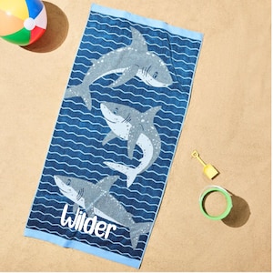 Personalized Kids Beach Towel | Custom Name Towel | Unicorn Shark Dinosaur Construction Butterfly | Embroidered Cotton Towel