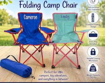 Personalized Kids Camping Chair | Embroidered Name Folding Camp Chair | Toddler Camp Chair with Cup Holder | Kids Outdoor Chair