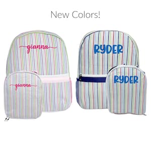 Personalized Seersucker Backpack and Lunchbox Set | Monogrammed Kids Backpack with Side Pockets | Embroidered Lunch Tote | 4 Color Options