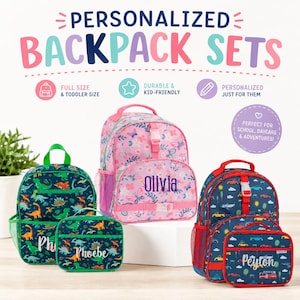 Personalized Backpack and Lunchbox Set | Monogrammed Kids Backpack with Side Pockets | Embroidered Lunch Tote | Multiple Design Options