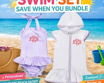 Personalized Kids Swim Set | Swimsuit & Cover Up Bundle | Toddler Bathing Suit with Name | Monogram Beach Outfit | Girls Seersucker Swimwear