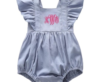 Baby Girl Romper | Infant Ruffle Denim Jumpsuit | Newborn to 24 Months | Toddler Girl Outfit | Cute Summer Clothes | Personalized Option