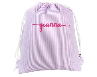 Personalized Seersucker Sling Backpack | Monogrammed Water-Resistant Drawstring Bag | Gym, Swim, Diaper or Ballet Bag | 6 Color Options