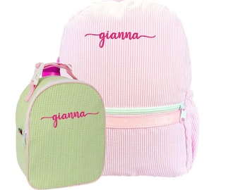 Personalized Seersucker Backpack and Lunchbox Set | Monogrammed Kids Backpack with Side Pockets | Embroidered Lunch Tote | 4 Color Options