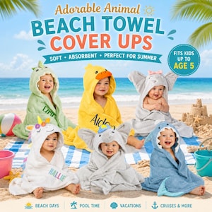 May include: Adorable animal beach towel cover-ups for kids up to age 5. The image shows children wearing hooded towels designed as a dinosaur, duck, elephant, unicorn, and shark. The towels are soft and absorbent, perfect for beach days and pool time.