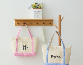 Personalized Gingham Trim Tote Bag with Embroidered Name or Monogram | Canvas Tote with Zipper & Lining | Custom Bridesmaid Bag