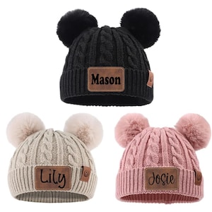 Personalized Baby Beanie with Double Poms – Custom Engraved Leather Patch - Custom Baby Kids Child Baby Newborn Beanie