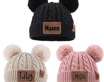 Personalized Baby Beanie with Double Poms – Custom Engraved Leather Patch - Custom Baby Kids Child Baby Newborn Beanie