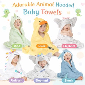May include: An assortment of hooded baby towels in various animal designs. The towels include a green dinosaur, yellow duck, white elephant, white unicorn, gray elephant, and blue shark. Each towel has a hood with animal features.