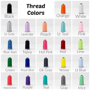 Puede incluir: Una cuadr&iacute;cula de veinticinco carretes de hilo de bordar en varios colores, etiquetados con texto que incluye Black, Orange, White, Lt Gray, Lavendar, Peach, Lt Teal, Pink, Blue Jean, Navy, Hot Pink, Red, Lime, Green, Royal Blue, Dk Gray, Yellow, Lt Blue, Watermelon, Purple, Teal, Gray y Mint, con el t&iacute;tulo Thread Colors.